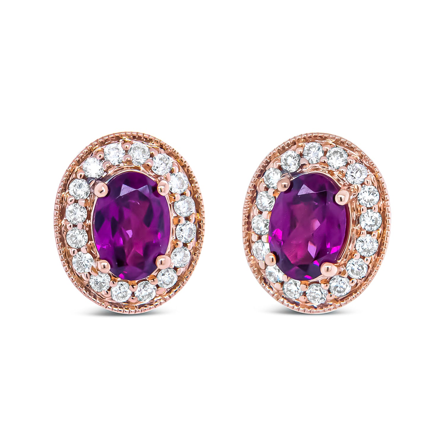 14K Rose Gold 7x5mm Oval Cut Garnet and 3/8 Cttw Round Diamond Halo Stud Earrings (G-H Color, SI1-SI2 Clarity) by Bids.com