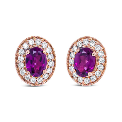 14K Rose Gold 7x5mm Oval Cut Garnet and 3/8 Cttw Round Diamond Halo Stud Earrings (G-H Color, SI1-SI2 Clarity) by Bids.com