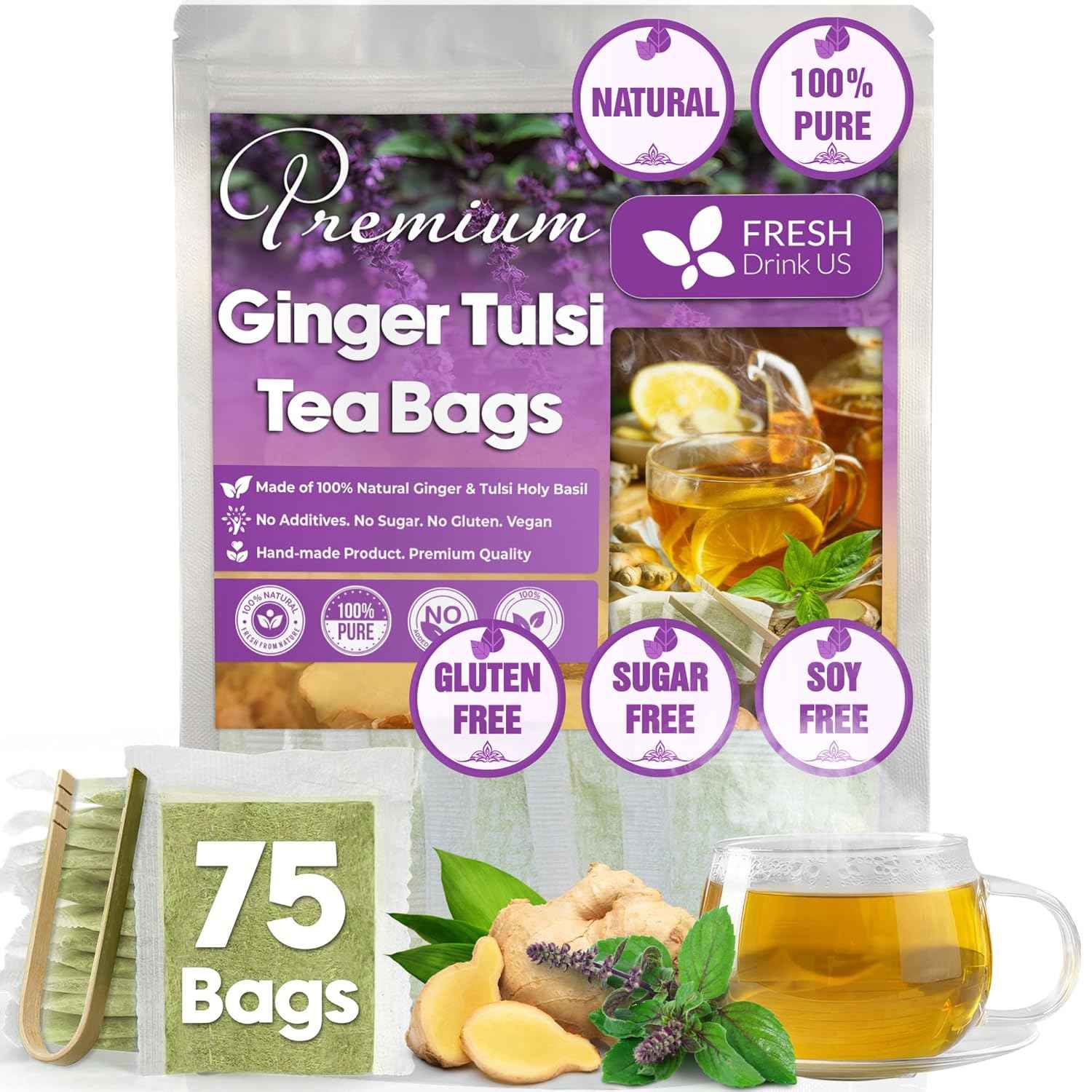 Premium Ginger Tulsi Tea Bags | Hand-made Blend of Ginger and Tulsi Holy Basil Leaves
