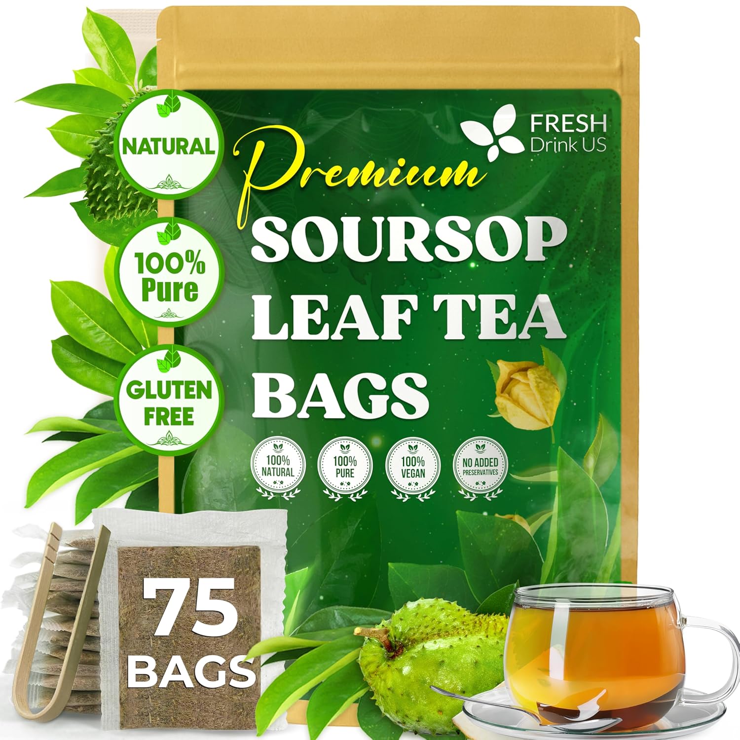 Premium Soursop Leaves Tea bags, Dried Soursop Leaves, Soursop Leaf Powder, Guanabana Leaves Tea, Hoja Guanabana Tea by FreshDrinkUS - Natural and Premium Herbal Tea
