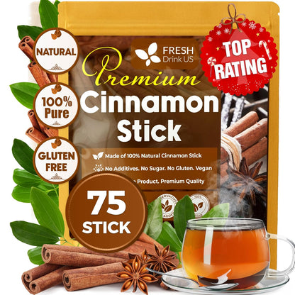 Cinnamon Sticks, Whole Sticks, 100% Natural &amp; Pure Cinnamon Inner Bark, Raw Cinnamon Spice Flavor &amp; Strong Aroma, Cinnamon Spice Herbal Tea, Perfect for Warm Beverages, No Additives, Vegan by FreshDrinkUS - Natural and Premium Herbal Tea