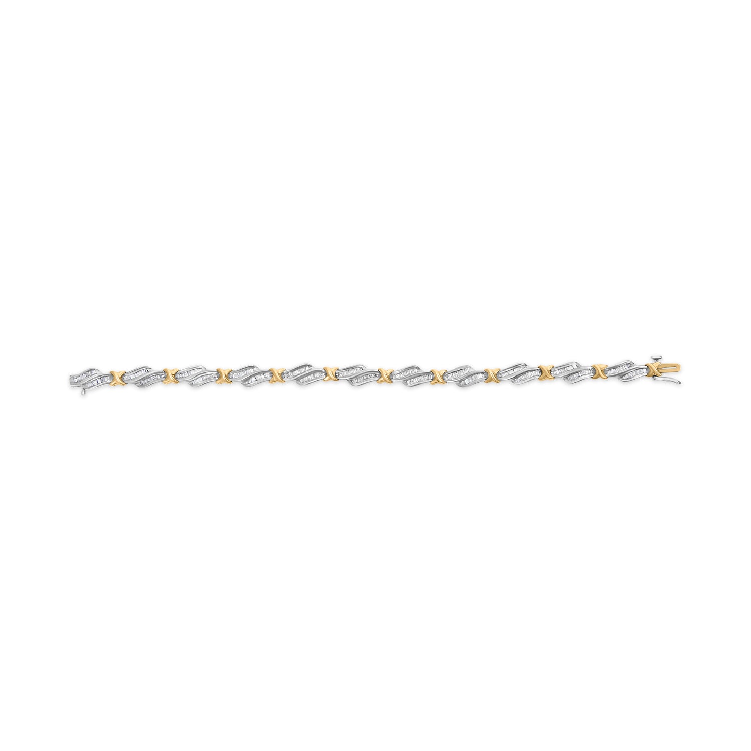 10k Two-Toned Gold 2.00 Cttw Channel Set Baguette-Diamond Weave and "X" Spiral Link Bracelet (H-I Color, I1-I2 Clarity) - 7" by Bids.com