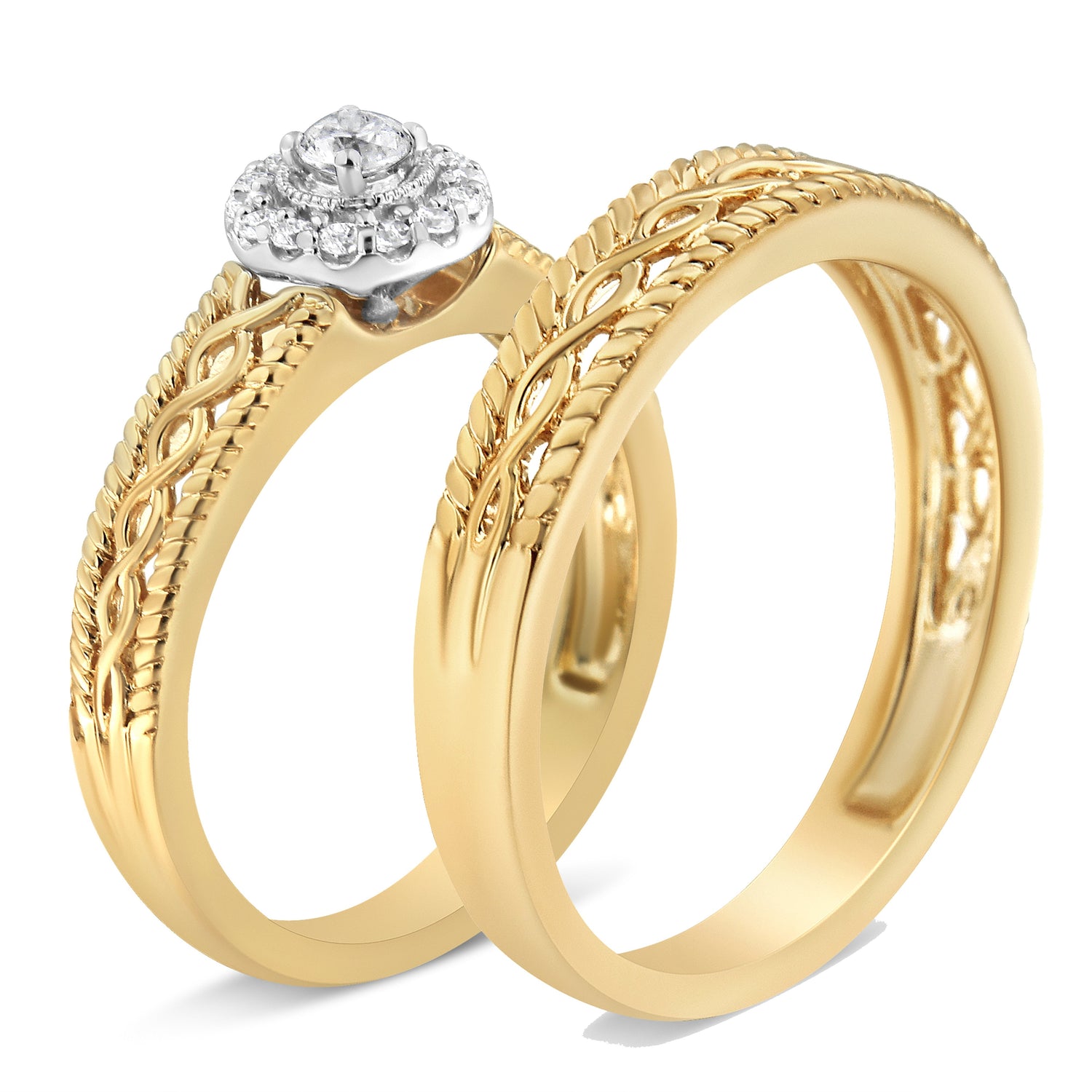 14K Yellow Gold Plated .925 Sterling Silver 1/5 Cttw Diamond Halo Engagement Ring and Wedding Band Set (I-J Color, I3 Clarity) - Size 7  DestGlow