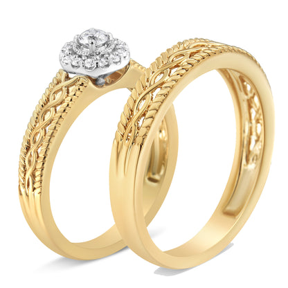 14K Yellow Gold Plated .925 Sterling Silver 1/5 Cttw Diamond Halo Engagement Ring and Wedding Band Set (I-J Color, I3 Clarity) - Size 7  DestGlow