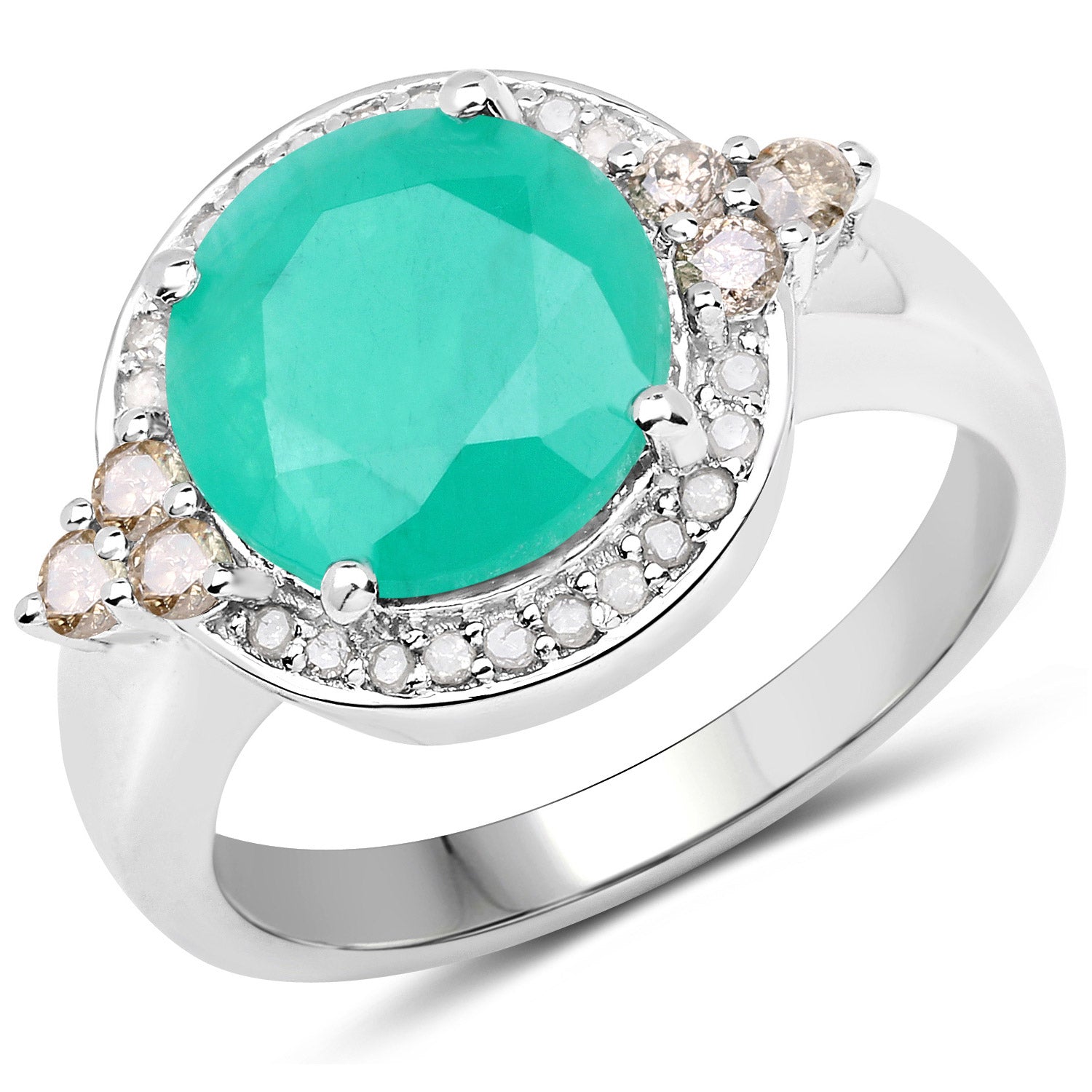 3.51 Carat Genuine Emerald, Champagne Diamond and White Diamond .925 Sterling Silver Ring by Bids.com