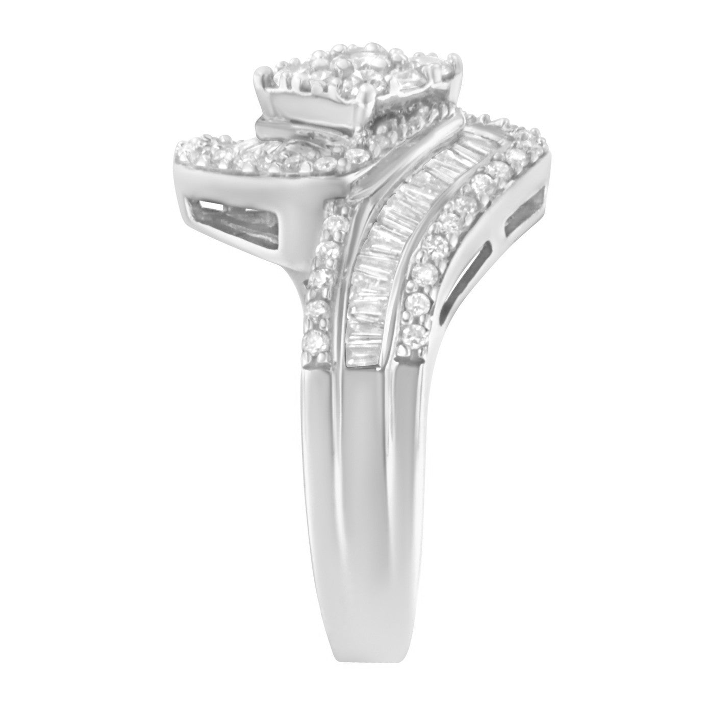 14K White Gold 1 Cttw Baguette and Round Diamond Floral Swirl Cluster Cocktail Ring by Bids.com