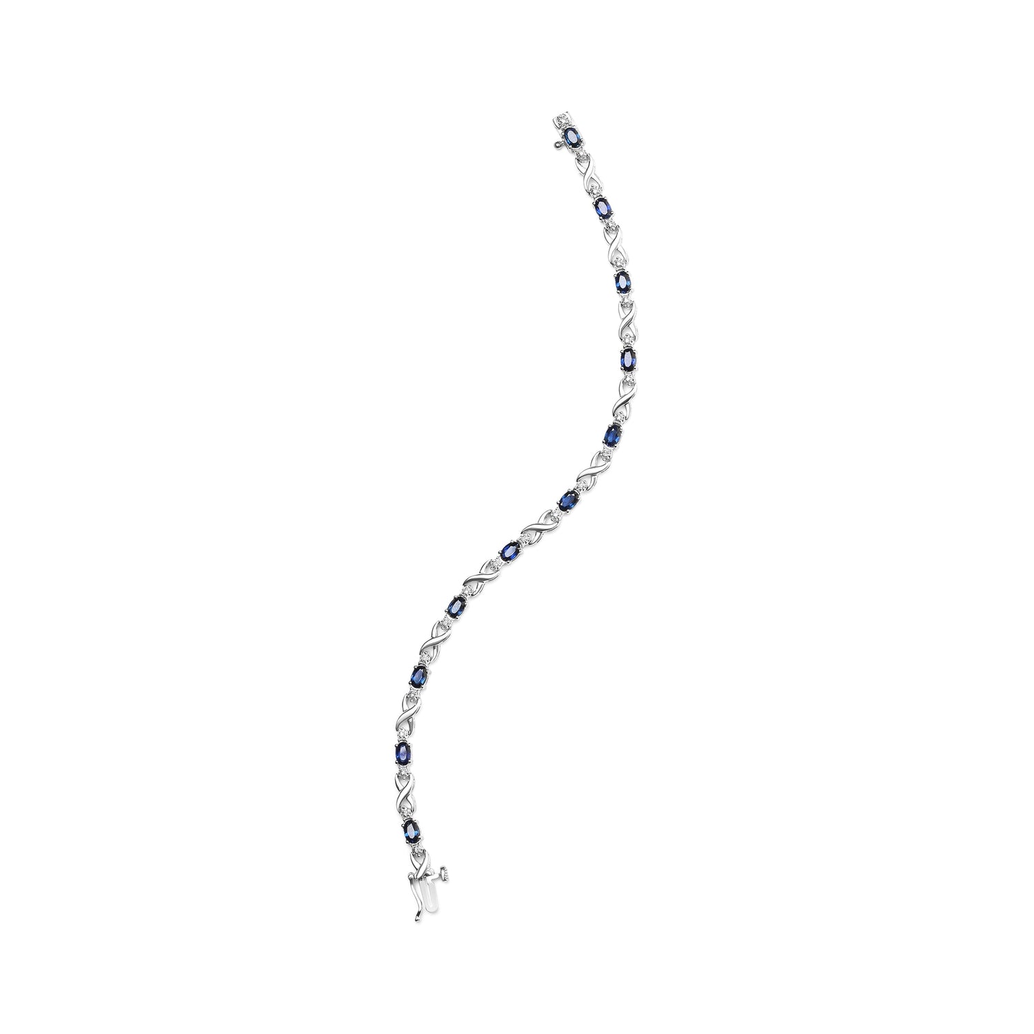 10K White Gold 5x4mm Oval Sapphire Gemstone and 1/10 Cttw Diamond Prong Set "X" Link Bracelet - Size 7" (H-I Color, SI1-SI2 Clarity) by Bids.com
