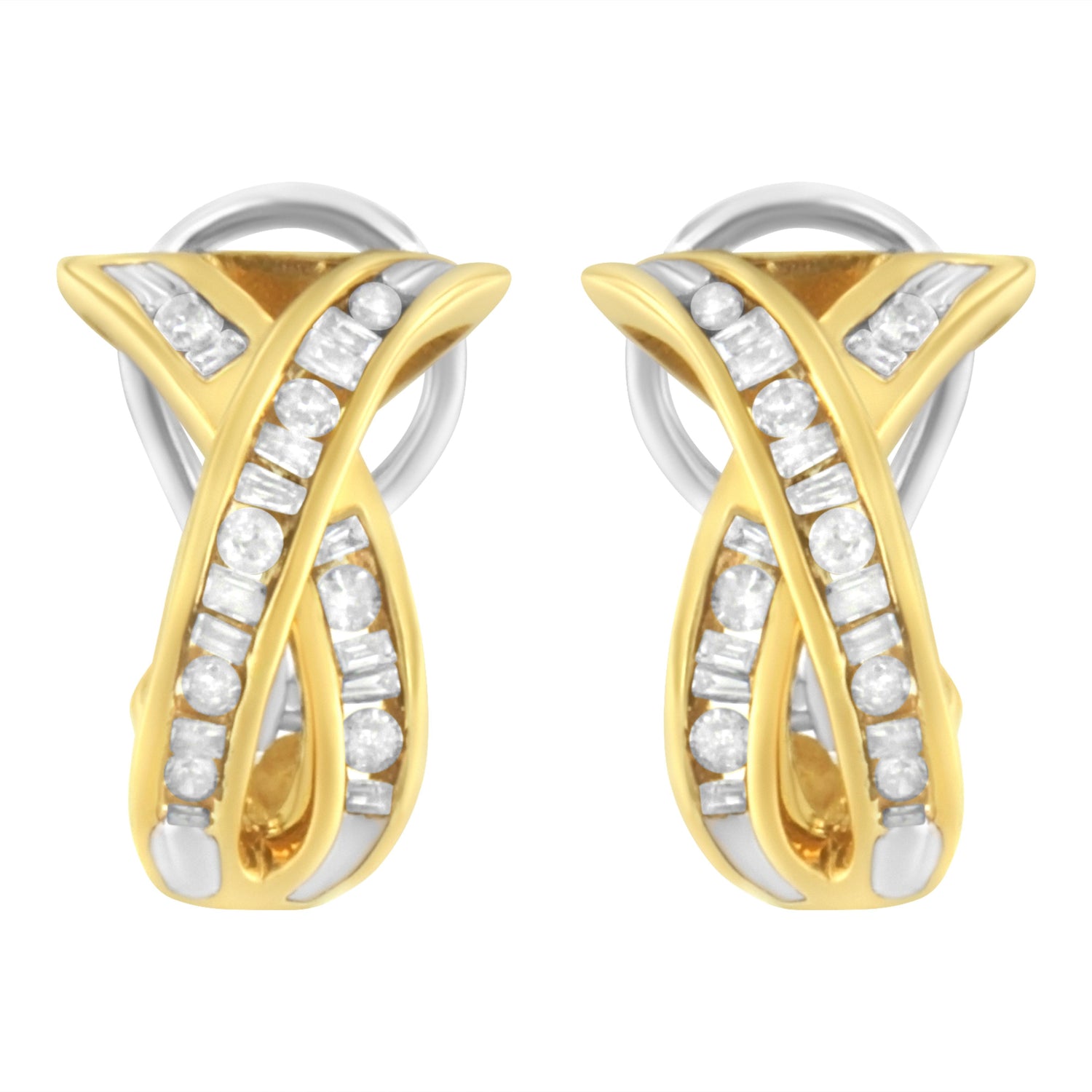 14K Yellow and White Gold 1/2 TDW "X" Shape Cross Over Diamond Hoop Earrings (I-J, I2-I3) by Bids.com