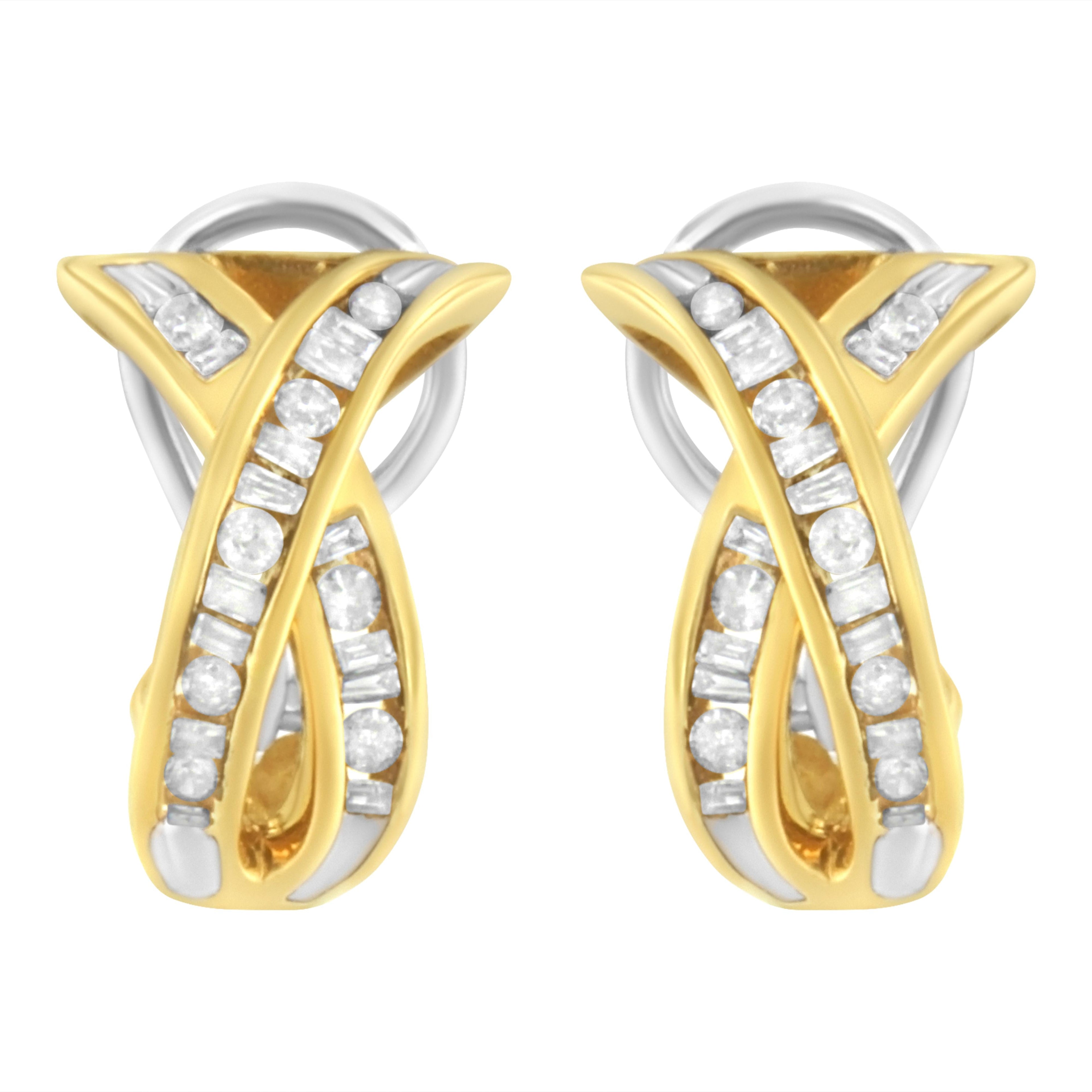 14K Yellow and White Gold 1/2 TDW "X" Shape Cross Over Diamond Hoop Earrings (I-J, I2-I3) by Bids.com