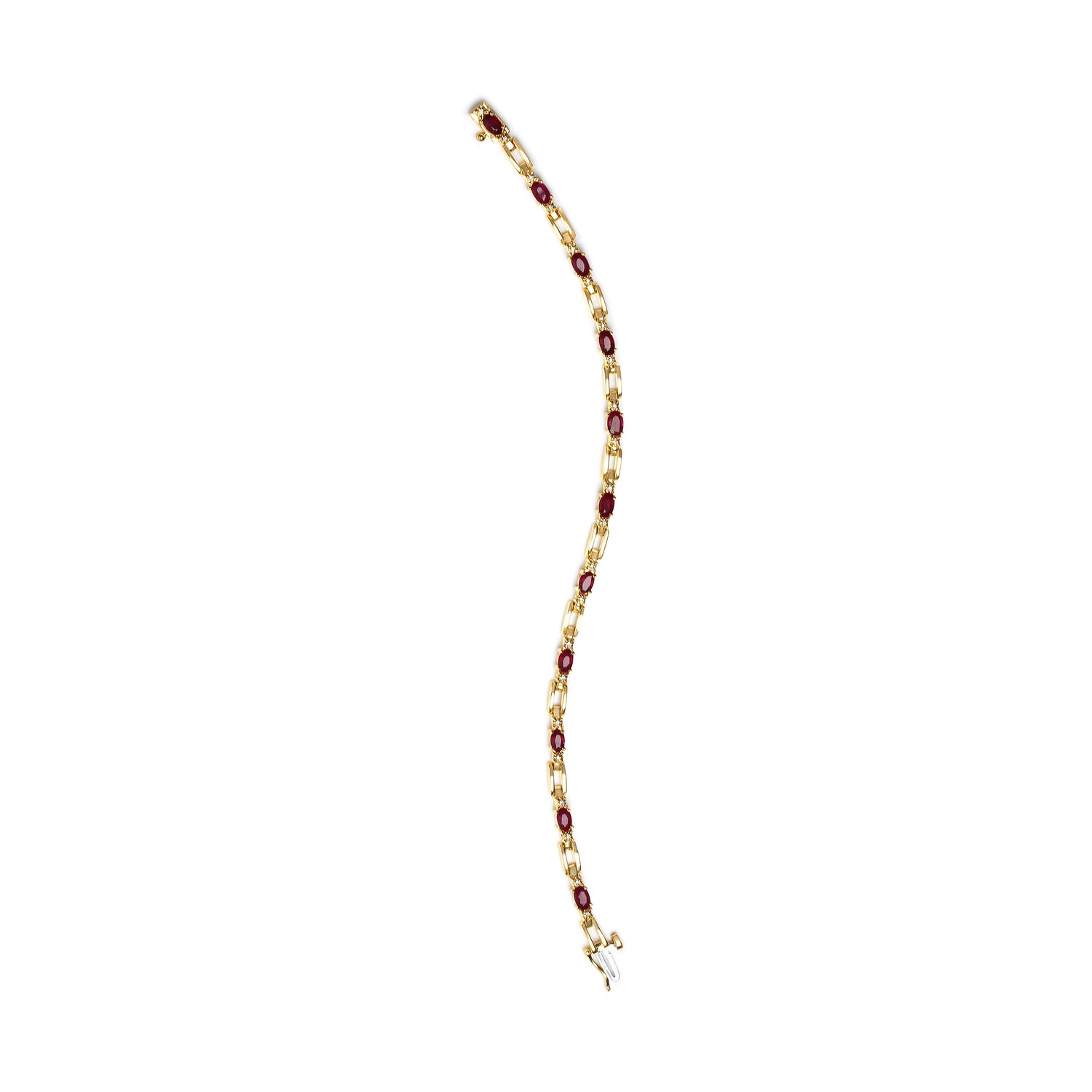 10K Yellow Gold Oval Ruby and 1/10 Cttw Diamond Bar Prong Set Bracelet (H-I Color, SI1-SI2 Clarity) - Size 7" by Bids.com