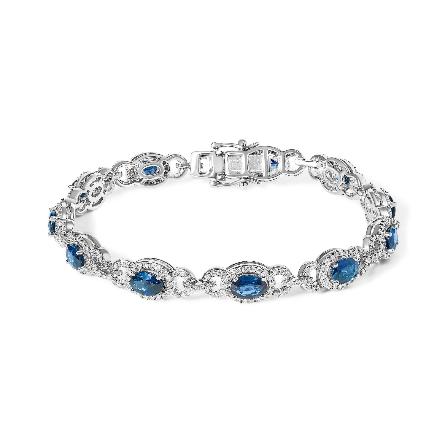 14K White Gold Vintage-Inspired Oval Blue Sapphire &amp; Diamond Link Bracelet by Bids.com