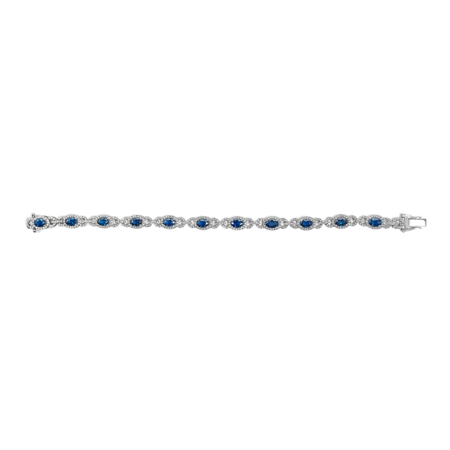 14K White Gold Vintage-Inspired Oval Blue Sapphire &amp; Diamond Link Bracelet by Bids.com