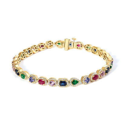 14K Yellow Gold Multi-Gemstone and Diamond Halo Rainbow Tennis Bracelet by Bids.com