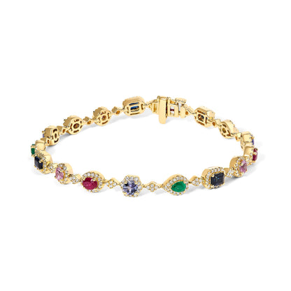 14K Yellow Gold Multi-Gemstone and Diamond Halo Rainbow Link Bracelet by Bids.com