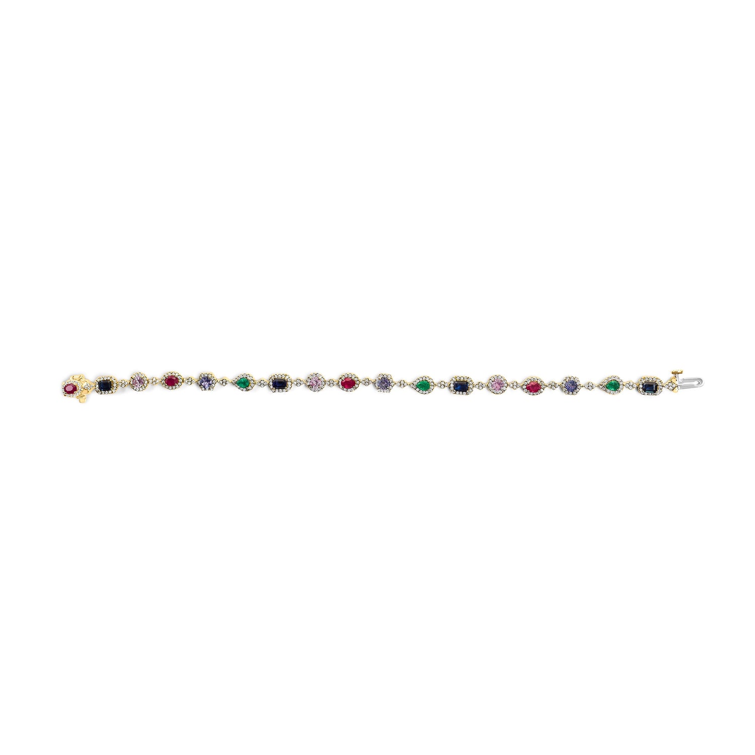 14K Yellow Gold Multi-Gemstone and Diamond Halo Rainbow Link Bracelet by Bids.com