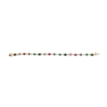 14K Yellow Gold Multi-Gemstone and Diamond Halo Rainbow Link Bracelet by Bids.com