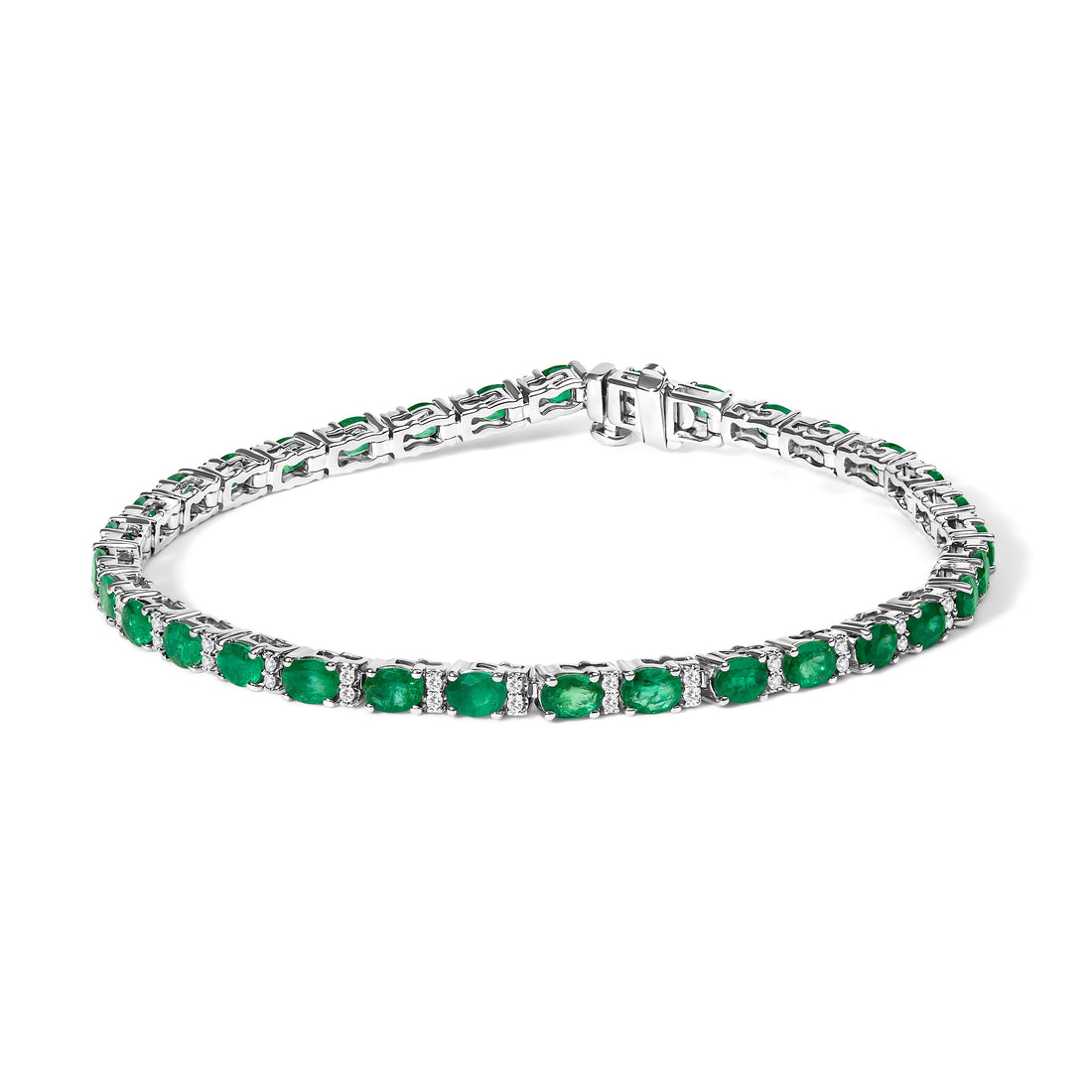 14K White Gold Alternating Oval Green Emerald and Diamond Tennis Bracelet by Bids.com