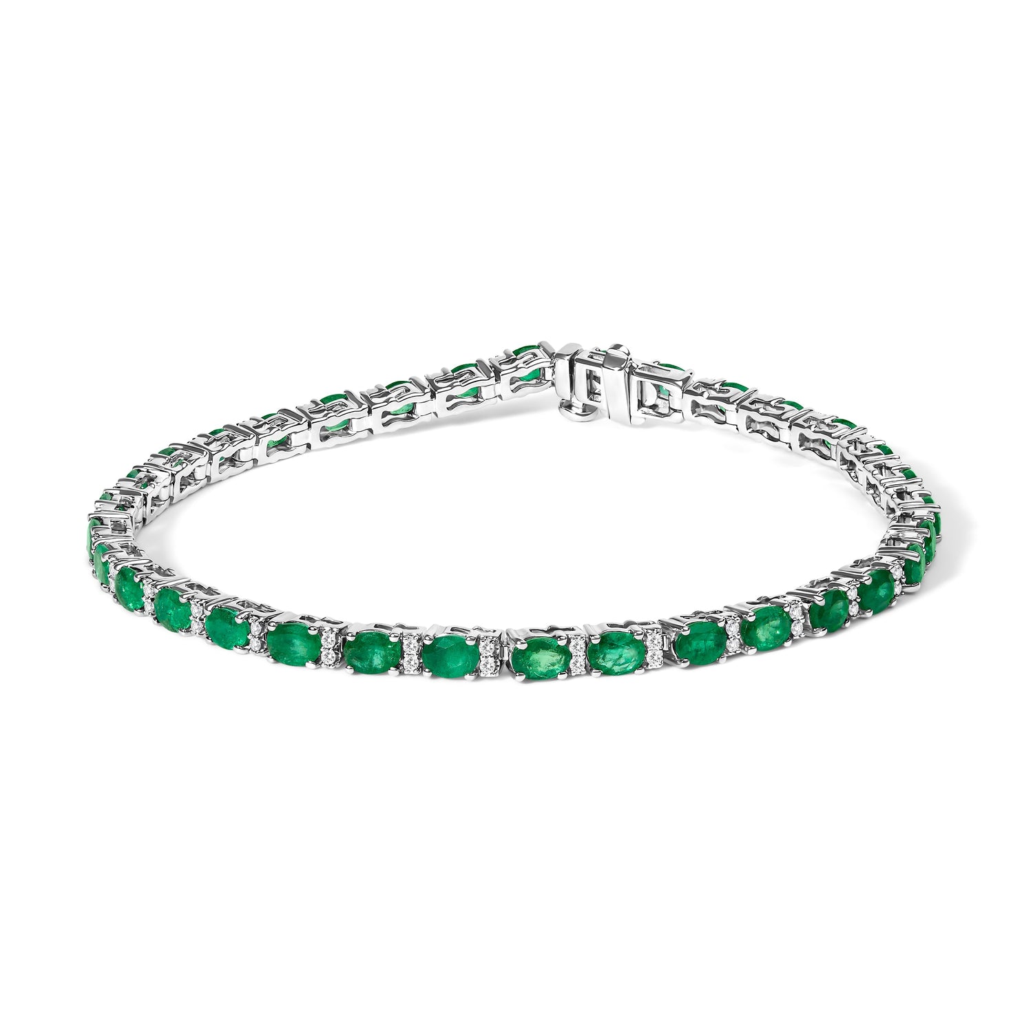 14K White Gold Alternating Oval Green Emerald and Diamond Tennis Bracelet by Bids.com