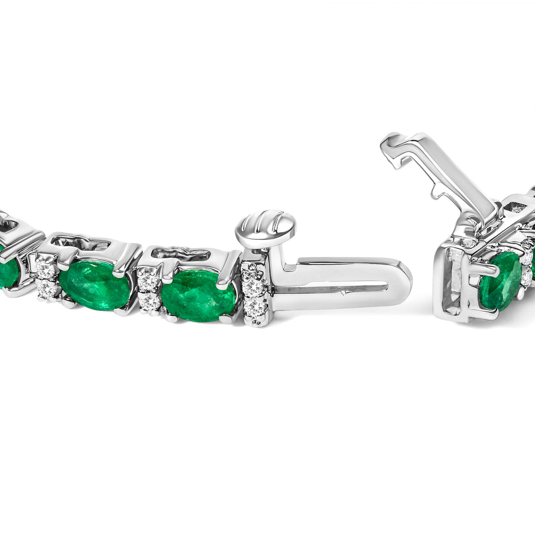 14K White Gold Alternating Oval Green Emerald and Diamond Tennis Bracelet by Bids.com