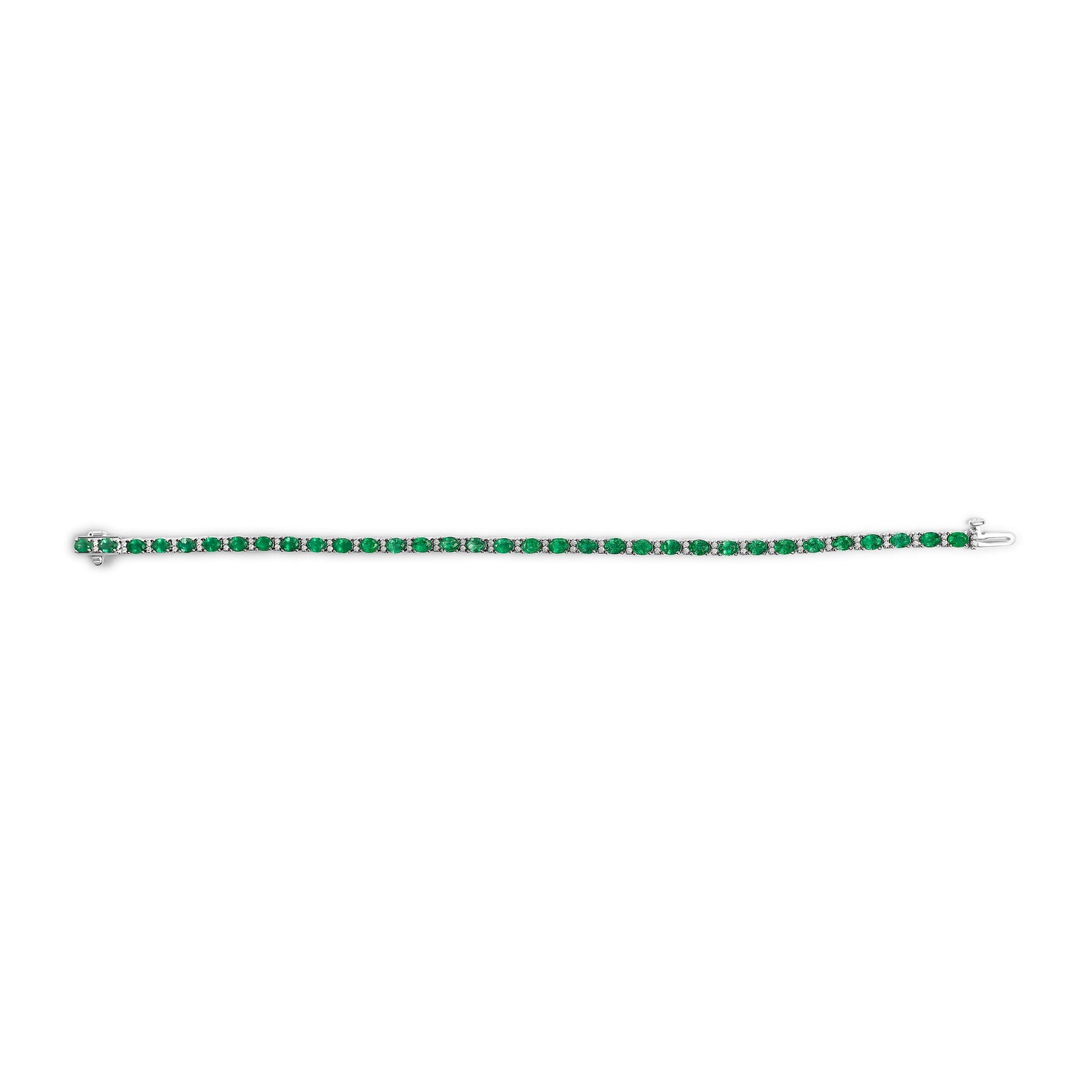 14K White Gold Alternating Oval Green Emerald and Diamond Tennis Bracelet by Bids.com