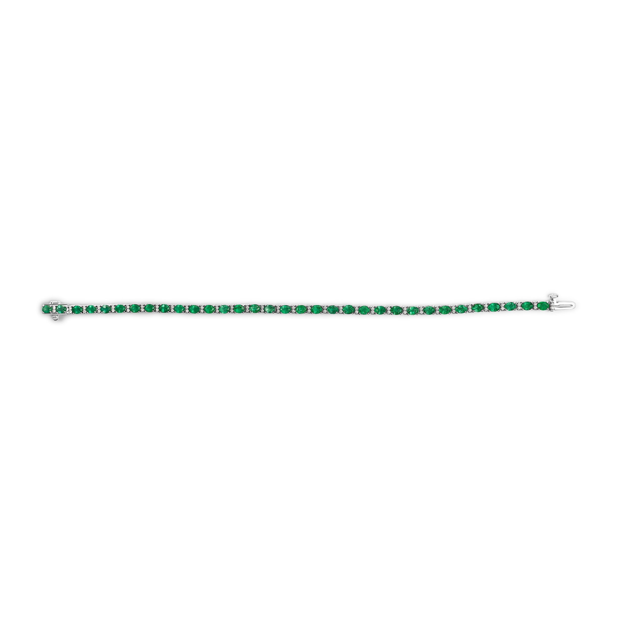 14K White Gold Alternating Oval Green Emerald and Diamond Tennis Bracelet by Bids.com