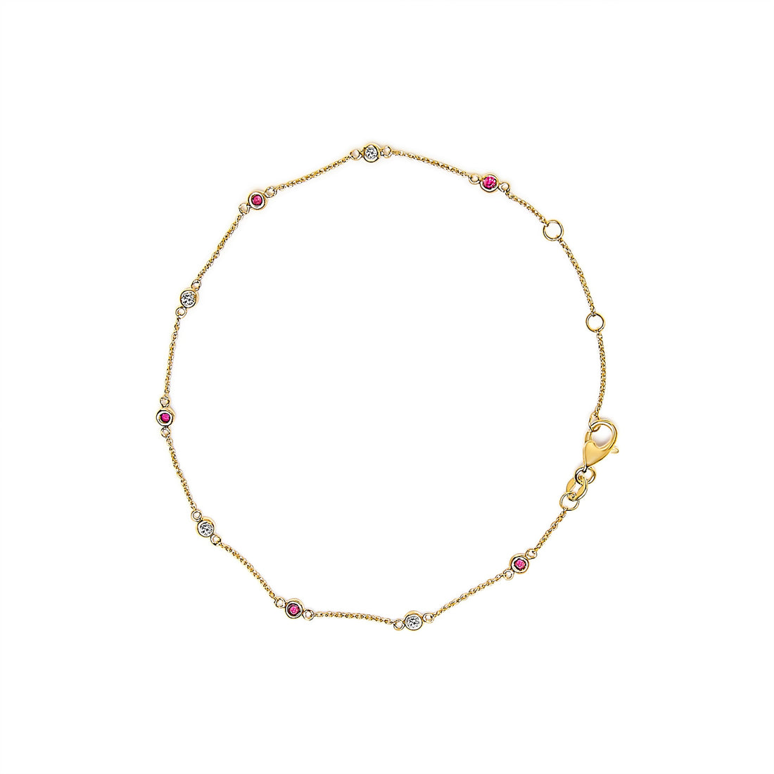 14K Yellow Gold Alternating Red Ruby and White Diamond Bezel Station Chain Bracelet (I-J Color, SI2-I1 Clarity) - 8" Inches  DestGlow