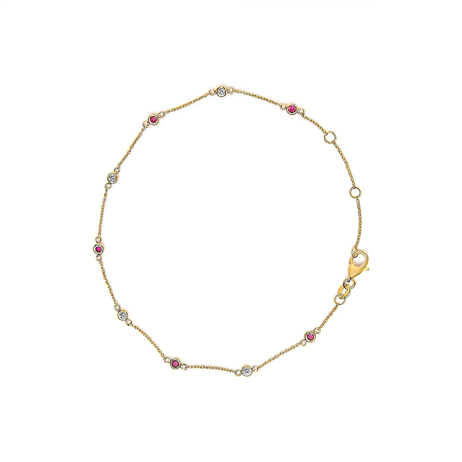 14K Yellow Gold Alternating Red Ruby and White Diamond Bezel Station Chain Bracelet (I-J Color, SI2-I1 Clarity) - 8" Inches  DestGlow