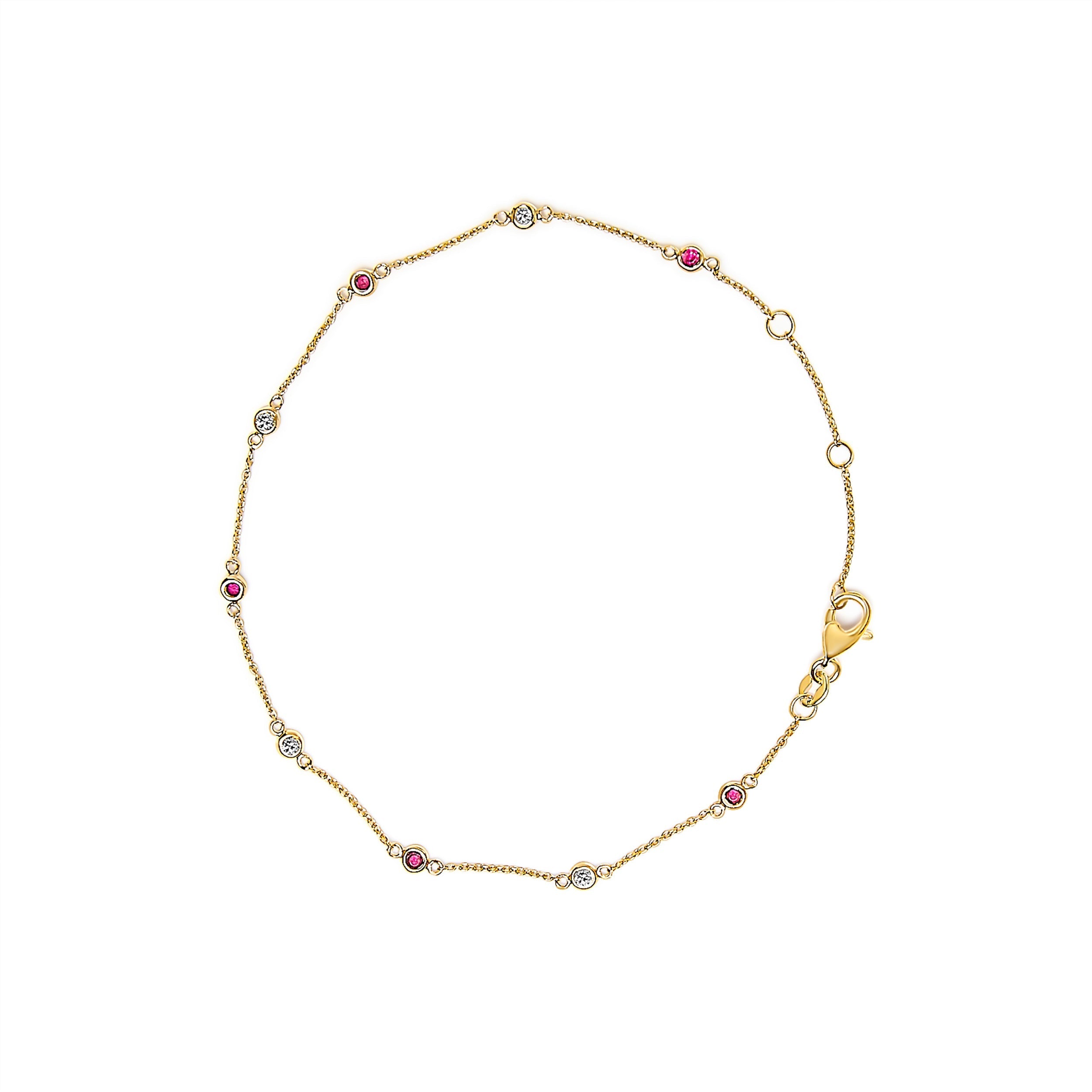 14K Yellow Gold Alternating Red Ruby and White Diamond Bezel Station Chain Bracelet (I-J Color, SI2-I1 Clarity) - 8" Inches  DestGlow