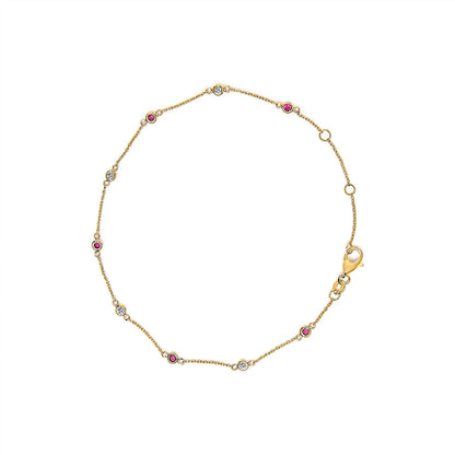 14K Yellow Gold Alternating Red Ruby and White Diamond Bezel Station Chain Bracelet (I-J Color, SI2-I1 Clarity) - 8" Inches  DestGlow