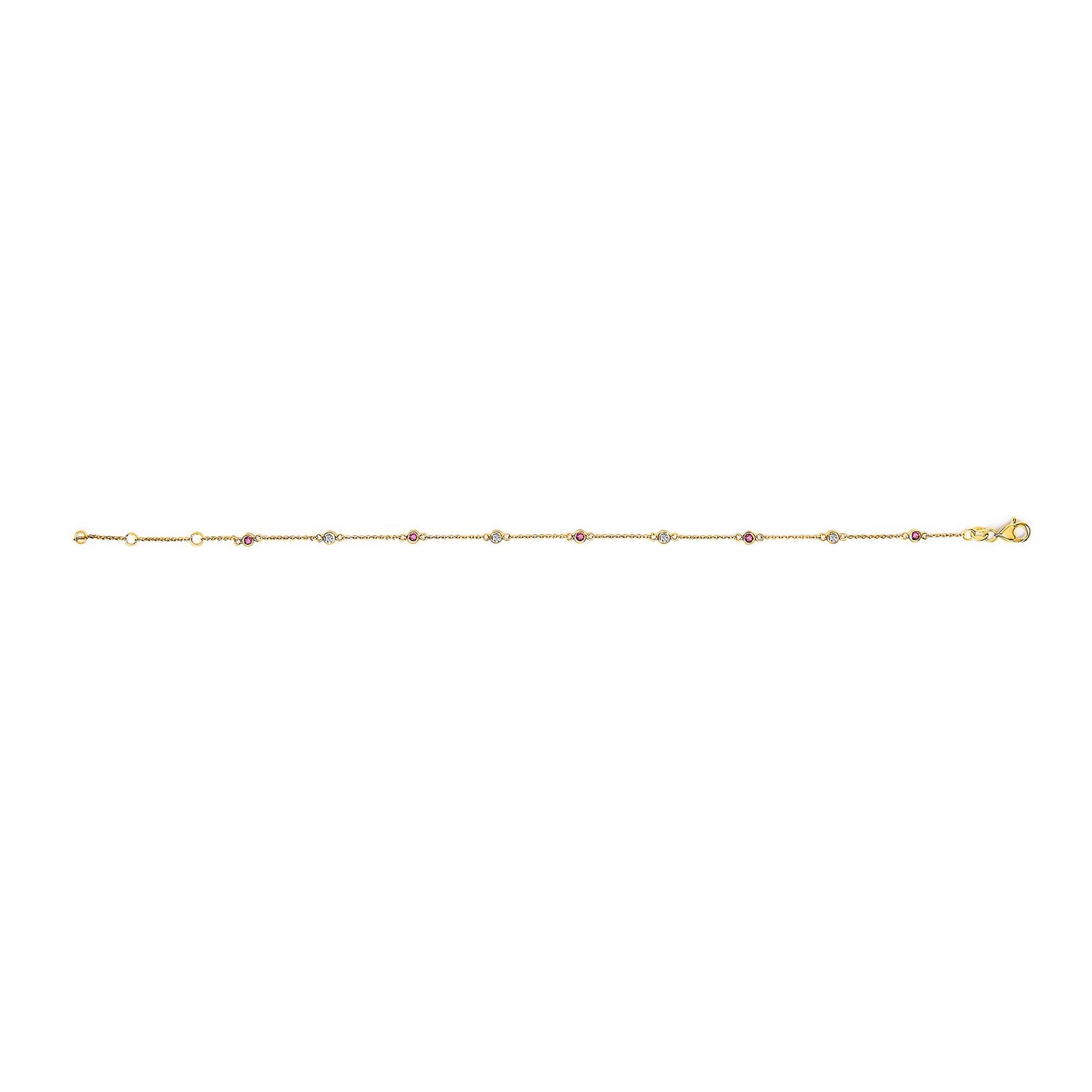 14K Yellow Gold Alternating Red Ruby and White Diamond Bezel Station Chain Bracelet (I-J Color, SI2-I1 Clarity) - 8" Inches  DestGlow