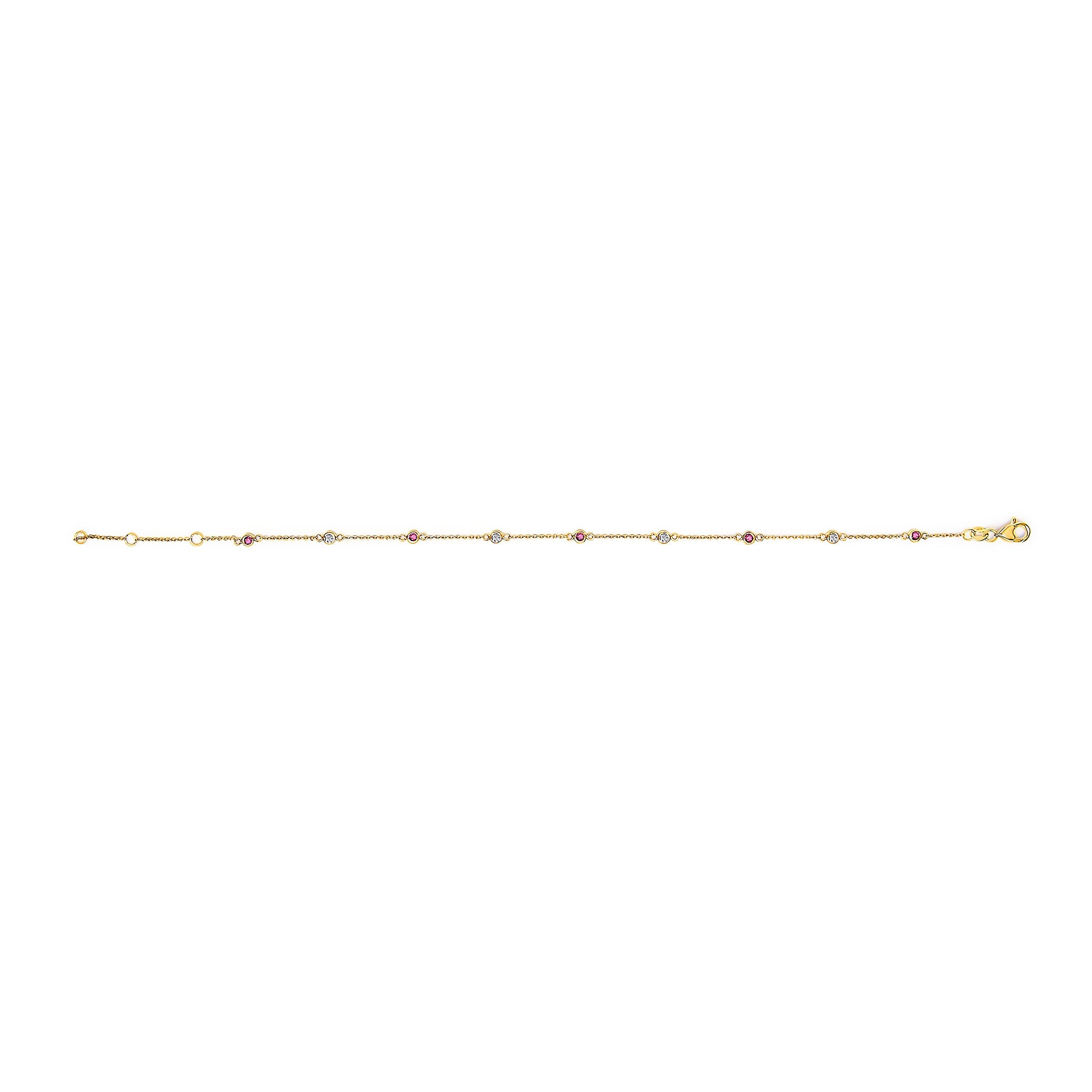 14K Yellow Gold Alternating Red Ruby and White Diamond Bezel Station Chain Bracelet (I-J Color, SI2-I1 Clarity) - 8" Inches  DestGlow