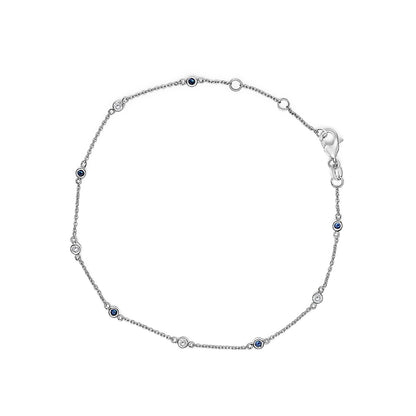 14K White Gold Alternating Blue Sapphire and White Diamond Bezel Station Chain Bracelet (I-J Color, SI2-I1 Clarity) - 8" Inches by Bids.com