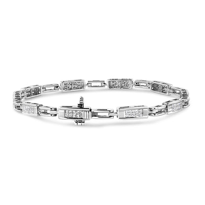 14K White Gold 1.0 Cttw Invisible Set Princess Cut Diamond Alternating Station and Link Tennis Bracelet (I-J Color, I1-I2 Clarity) - Size 7.25" Inches 