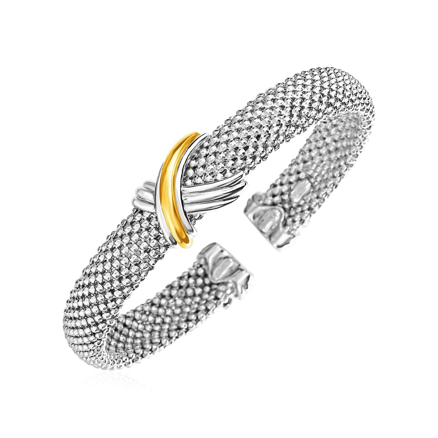 Popcorn Texture Cuff Bangle with X Motif in Sterling Silver and 18k Yellow Gold by Bids.com