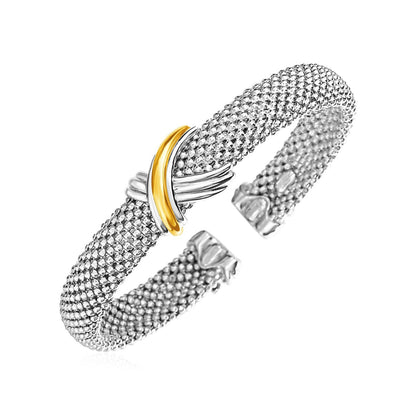 Popcorn Texture Cuff Bangle with X Motif in Sterling Silver and 18k Yellow Gold by Bids.com