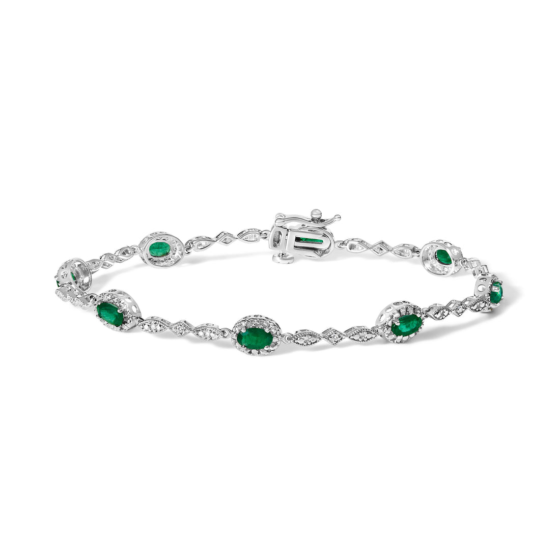 10K White Gold Oval Green Emerald &amp; Diamond Alternating Link Bracelet by Bids.com