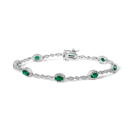 10K White Gold Oval Green Emerald &amp; Diamond Alternating Link Bracelet by Bids.com