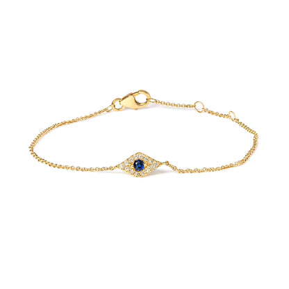 10K Yellow Gold Blue Sapphire and Diamond Accent Evil Eye Station Link Bracelet (H-I Color, I1-I2 Clarity) - Size 7" by Bids.com