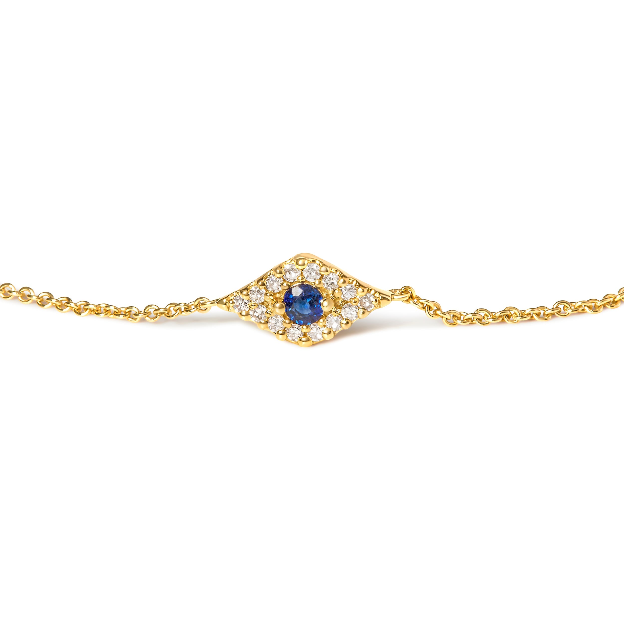 10K Yellow Gold Blue Sapphire and Diamond Accent Evil Eye Station Link Bracelet (H-I Color, I1-I2 Clarity) - Size 7" by Bids.com