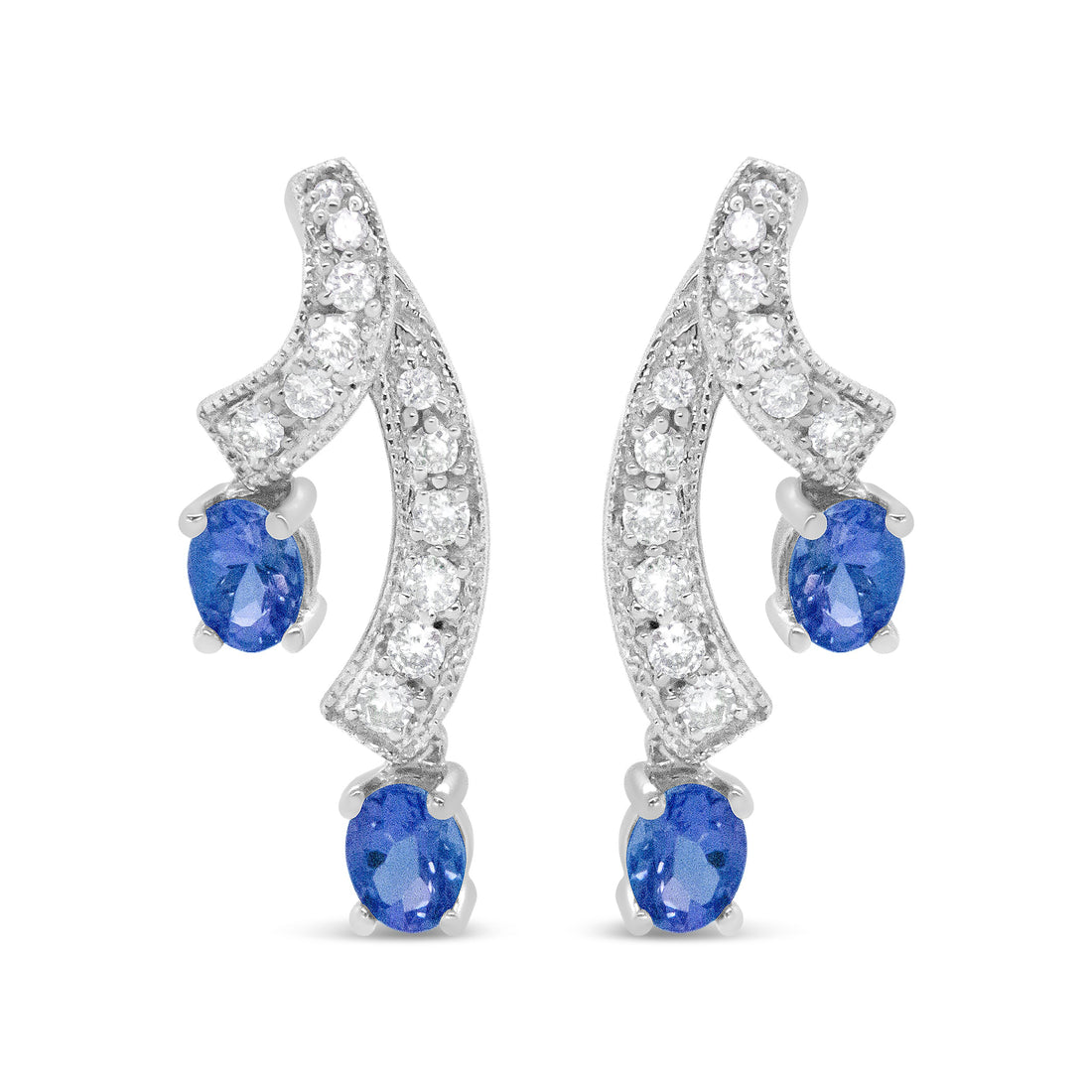 14K White Gold 4x3MM Oval Shaped Natural Blue Tanzanite Gemstone and 1/5 Cttw Diamond Double 3/4" Inch Drop Stud Earrings (H-I Color, VS1-VS2 Clarity) by Bids.com