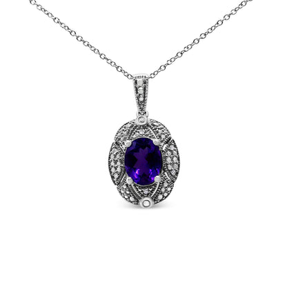 .925 Sterling Silver Diamond Accent and 9x7mm Purple Oval Amethyst Gemstone Pendant 18" Necklace (I-J Color, I1-I2 Clarity) by Bids.com