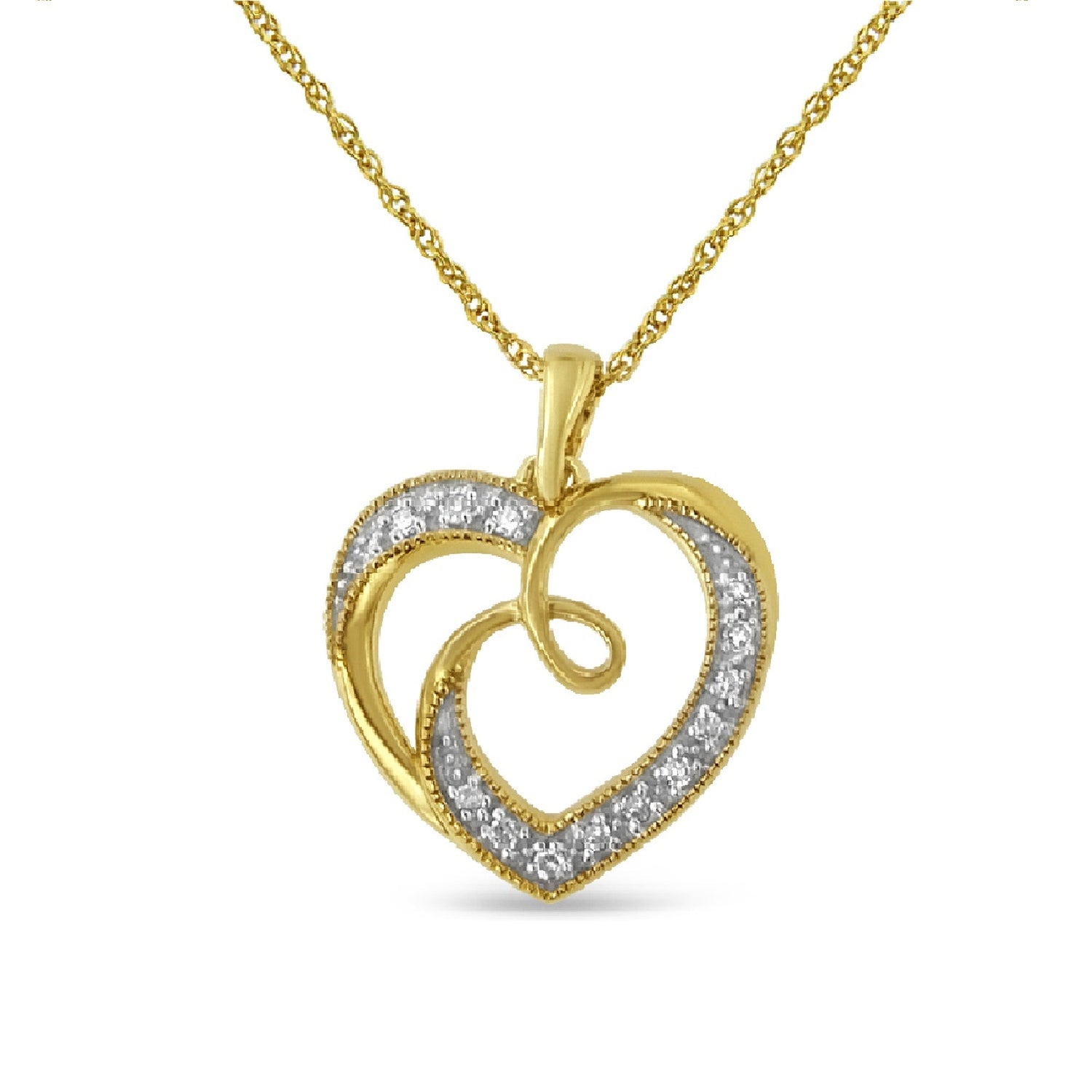 14K Yellow Gold Plated .925 Sterling Silver Diamond Accent Ribbon &amp; Heart 18" Pendant Necklace (H-I Color, I2-I3 Clarity)