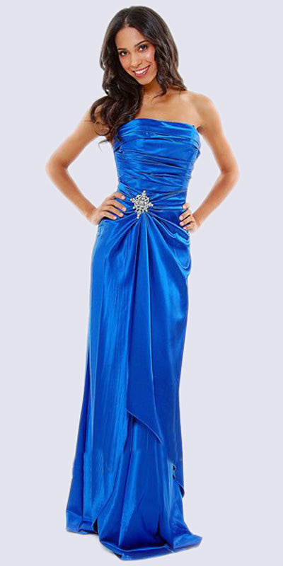 CLEARANCE - Long Strapless Formal Dress Satin Rhinestone Pleated Bodice (Size S, L) by DiscountDressShop