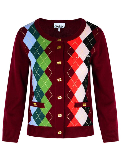 Ganni Burgundy Merino Wool Blend Check Cardigan Women by Luosophy