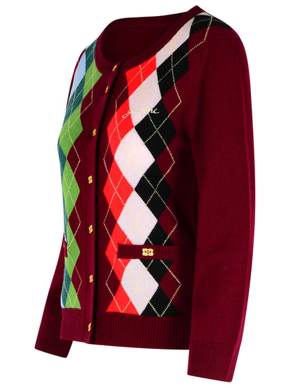 Ganni Burgundy Merino Wool Blend Check Cardigan Women by Luosophy