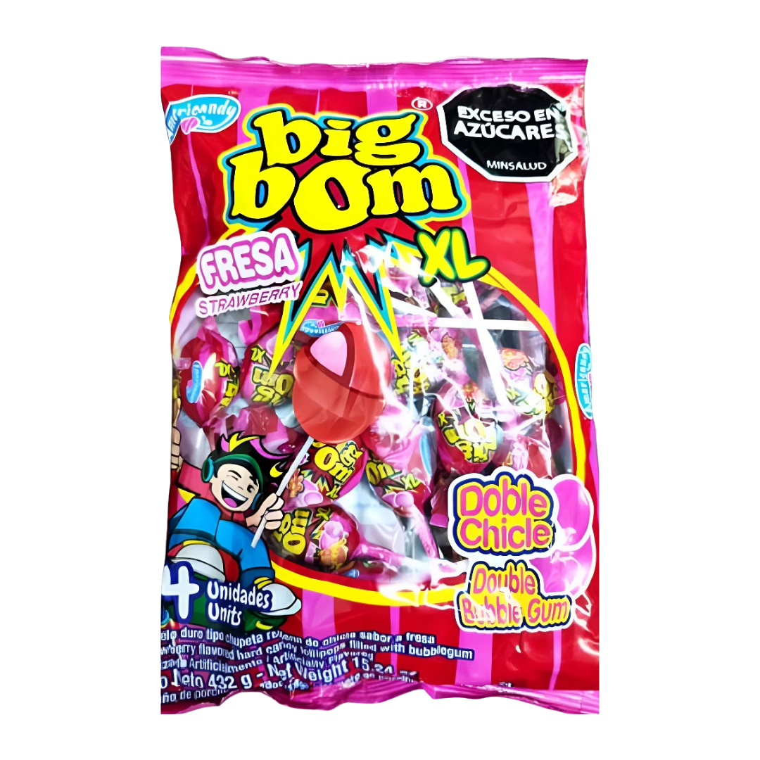 Big Bom XL Strawberry Bubblegum Lollipops (24ct) by Farmacias Savia