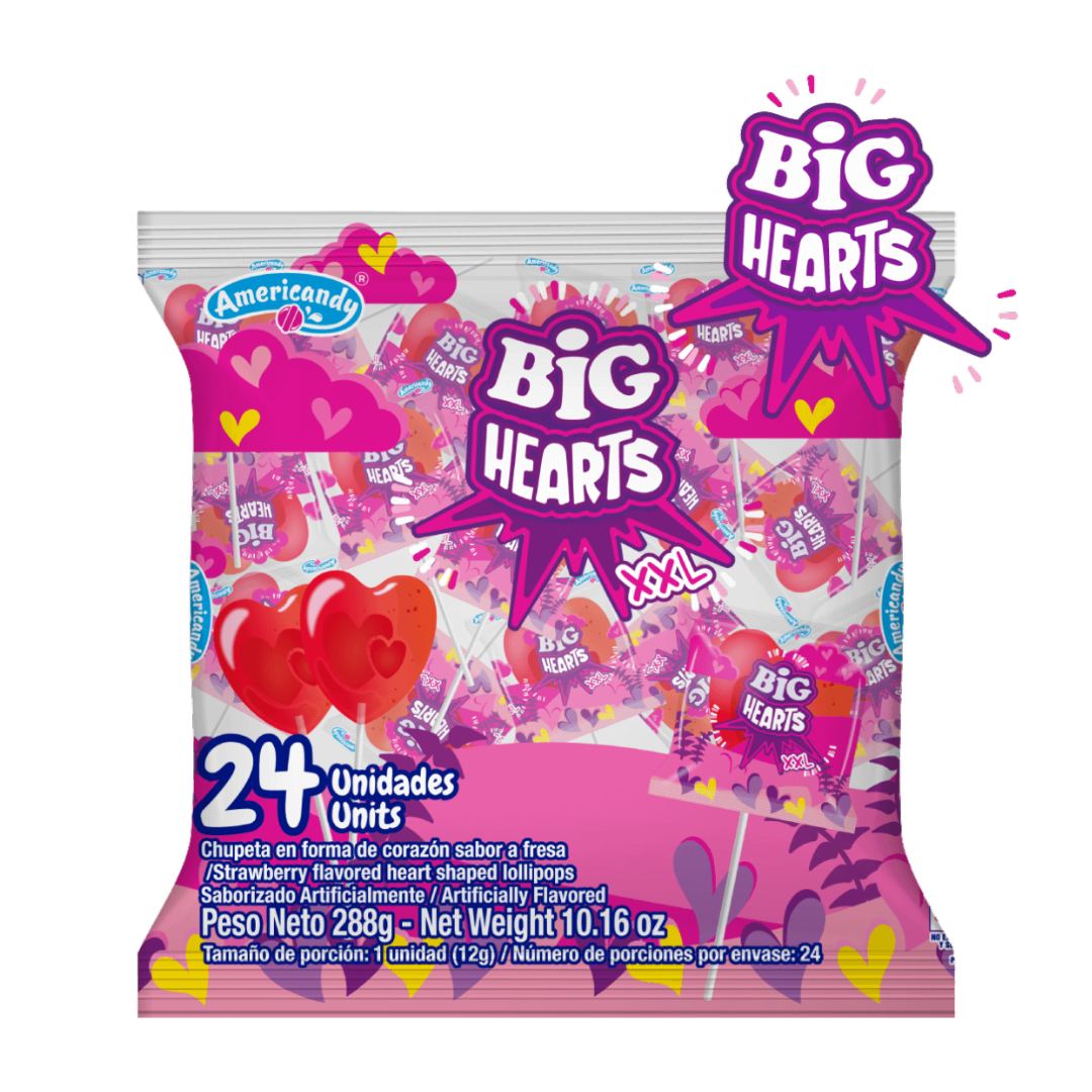 Americandy Big Hearts XXL Strawberry Heart Lollipops (24ct) by Farmacias Savia