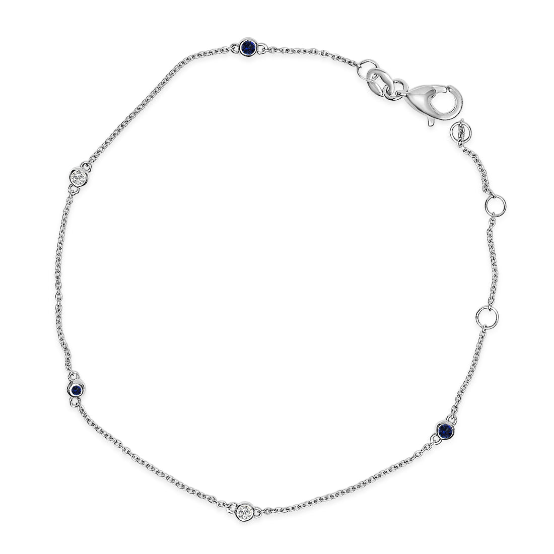 14K White Gold Alternating Blue Sapphire and Diamond Bezel Station Chain Bracelet - Size 7.5 inch  DestGlow