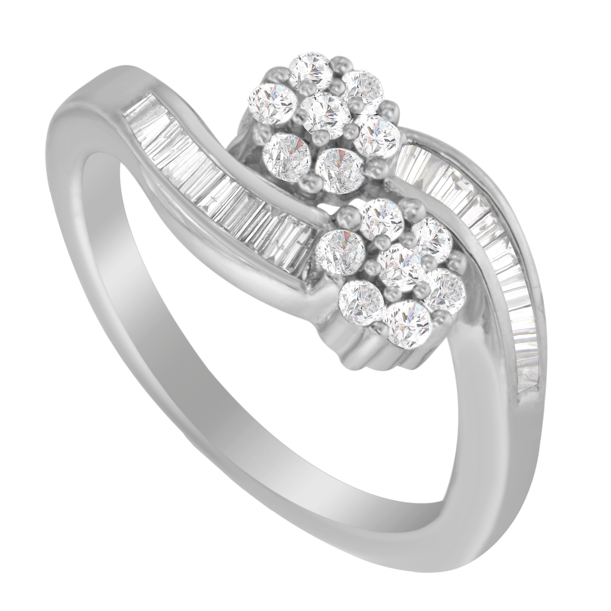 14K White Gold Round and Baguette Diamond Bypass Ring (1/2 cttw, H-I Color, I1-I2 Clarity) - Ring Size 6 by Bids.com