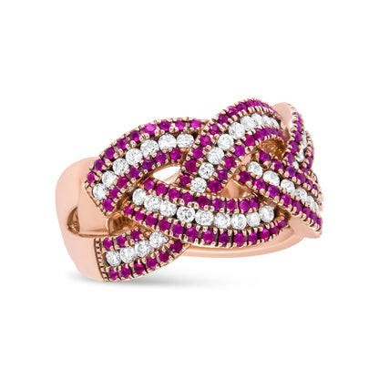 18K Rose Gold Red Ruby and 7/8 Cttw Diamond Woven Braided Band Ring (F-G Color, VS1-VS2 Clarity) - Ring Size 7 by Bids.com
